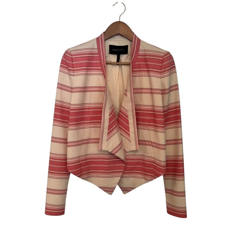 BCBGMAXAZRIA Abbey Stripe Draped Open Front Cropped Blazer Asymmetrical